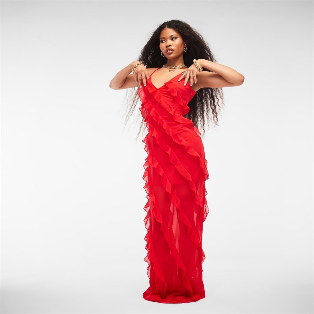 Misguided red ruffle maxi dress